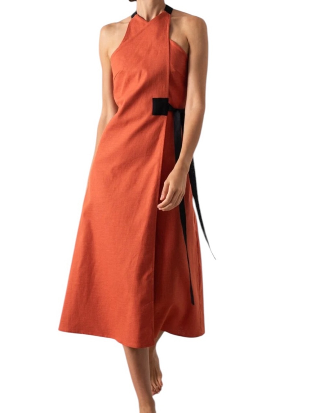 NWT Luxmii Linen Wrap Midi Dress Copper Halter Resort Vacation Minimalist L